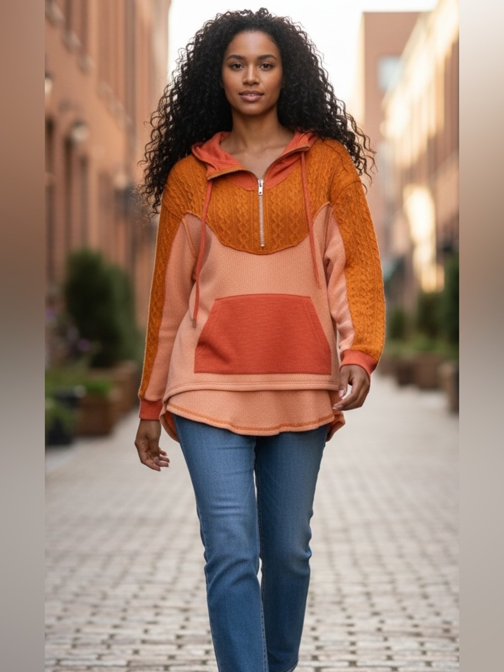POL Colorblock Half-Zip Hoodie in Orange & Coral